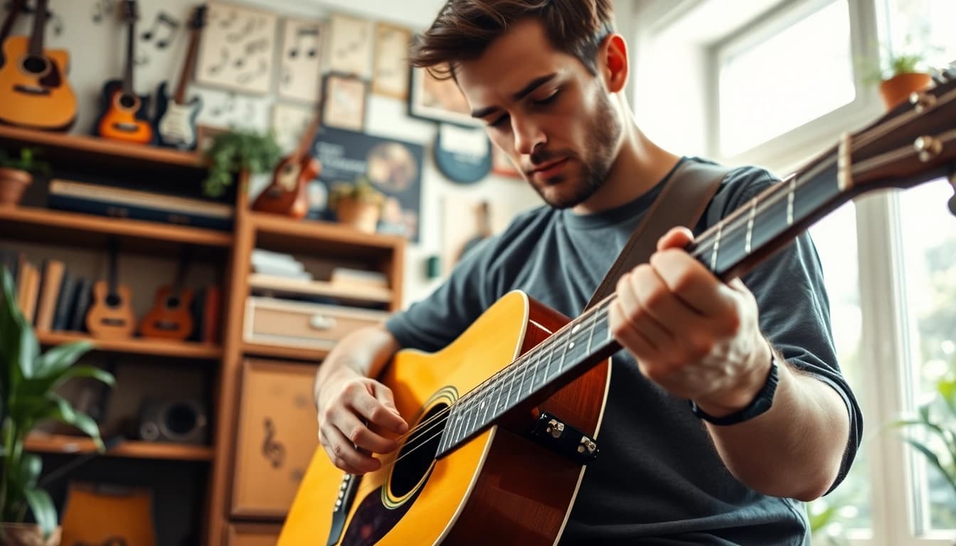 Learn guitar techniques at https://guitarlessons.co.uk with a talented player in a cozy setting.