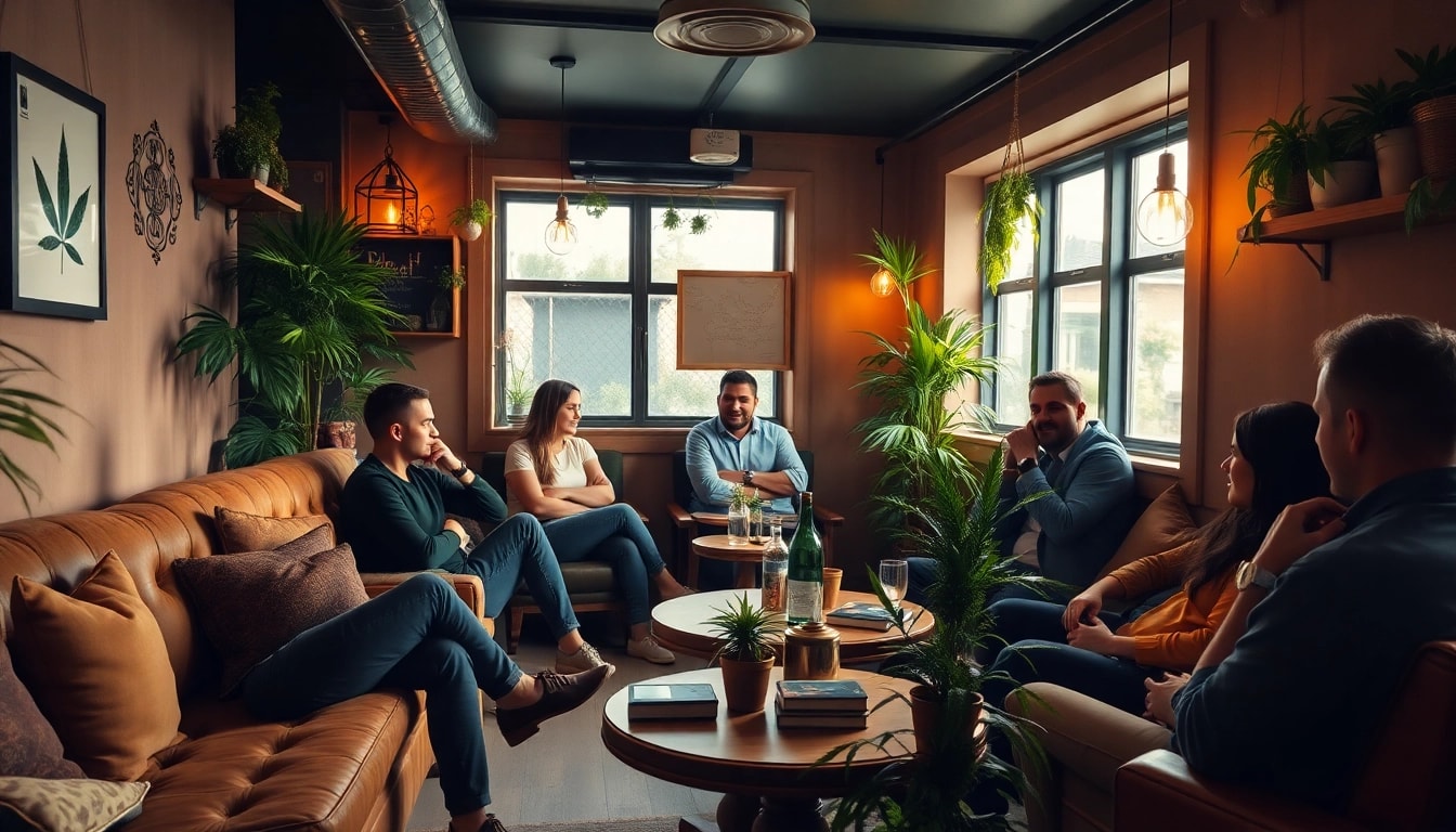 Besucher in einem cannabis club hamburg genießen eine entspannte Atmosphäre mit stilvollem Ambiente.