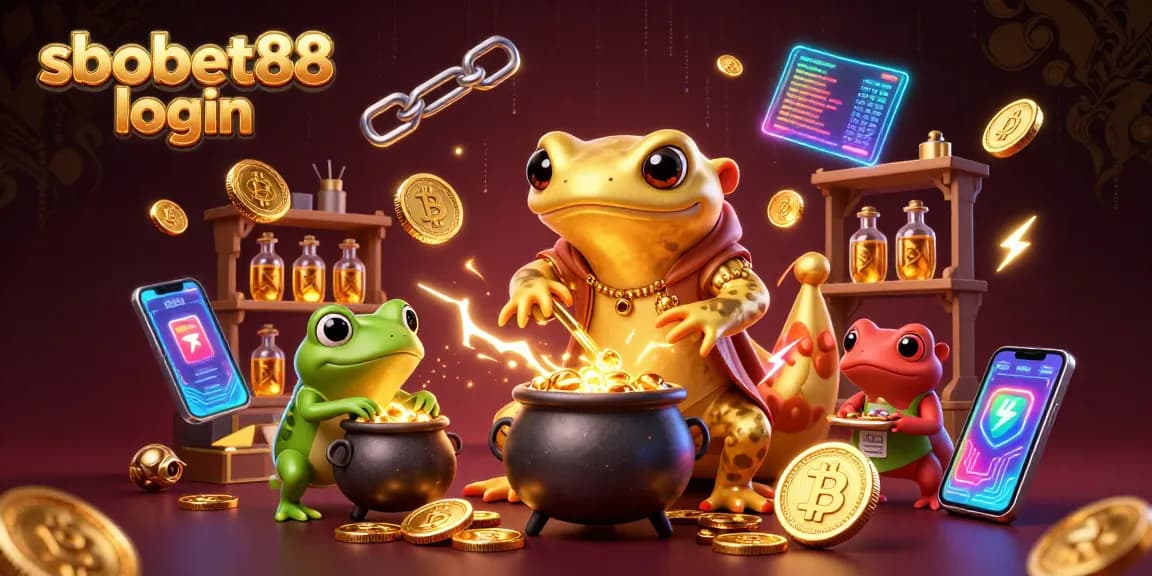 Engage with the sbobet88 login action, presenting a vibrant 3D casino experience featuring magical alchemy and crypto elements.
