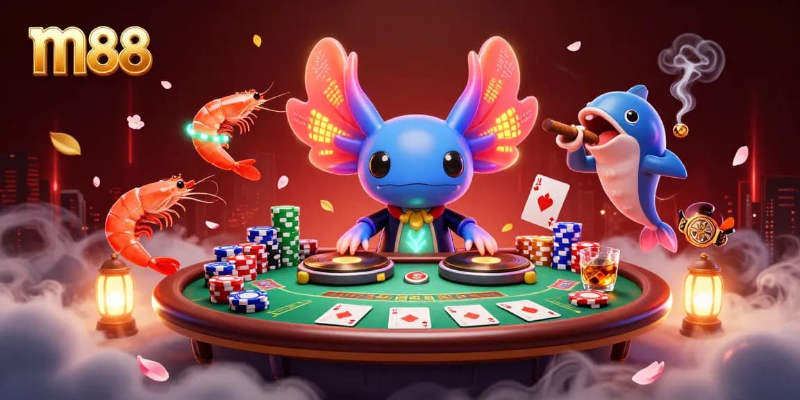 Experience thrilling m88 action with a neon axolotl DJ and vibrant poker scene.
