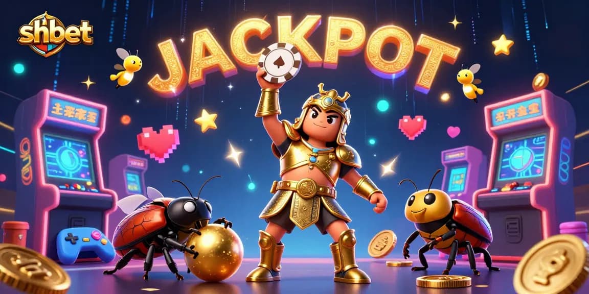 Spin and win at shbet with the victorious beetle showcasing poker chips in an exciting casino scene.
