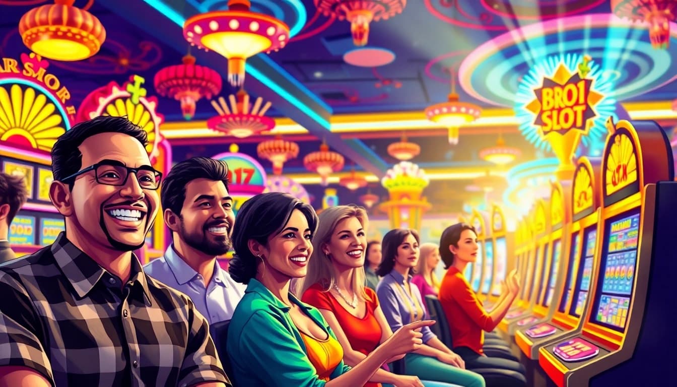 Mainkan bro138 slot sambil menikmati suasana ceria di kasino dengan mesin slot berkilau.