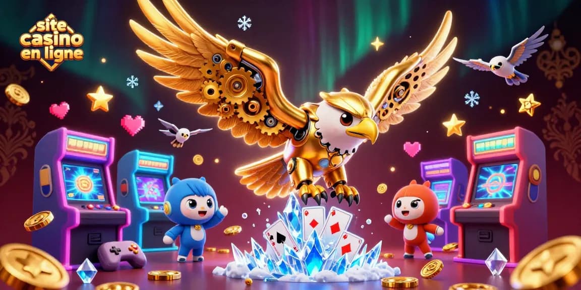 Jouer sur un site casino en ligne avec une illustration dynamique d'un aigle doré et des éléments de jeux fascinants.
