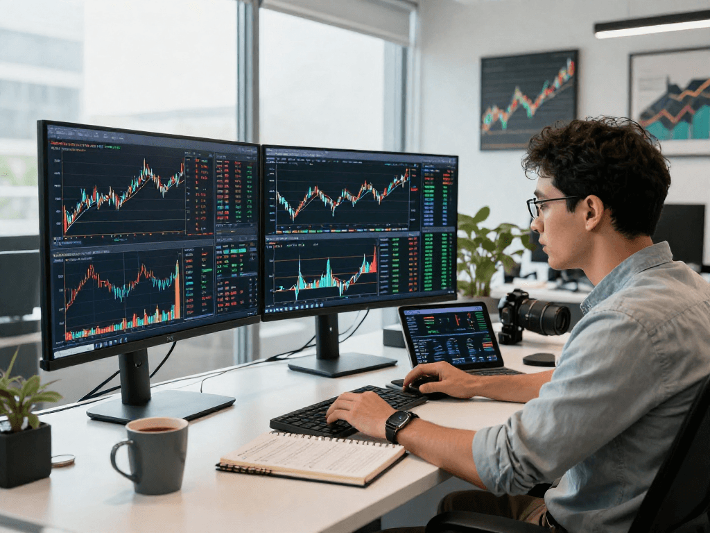 Data analyst reviewing HK stock historical Kline API in a modern office.
