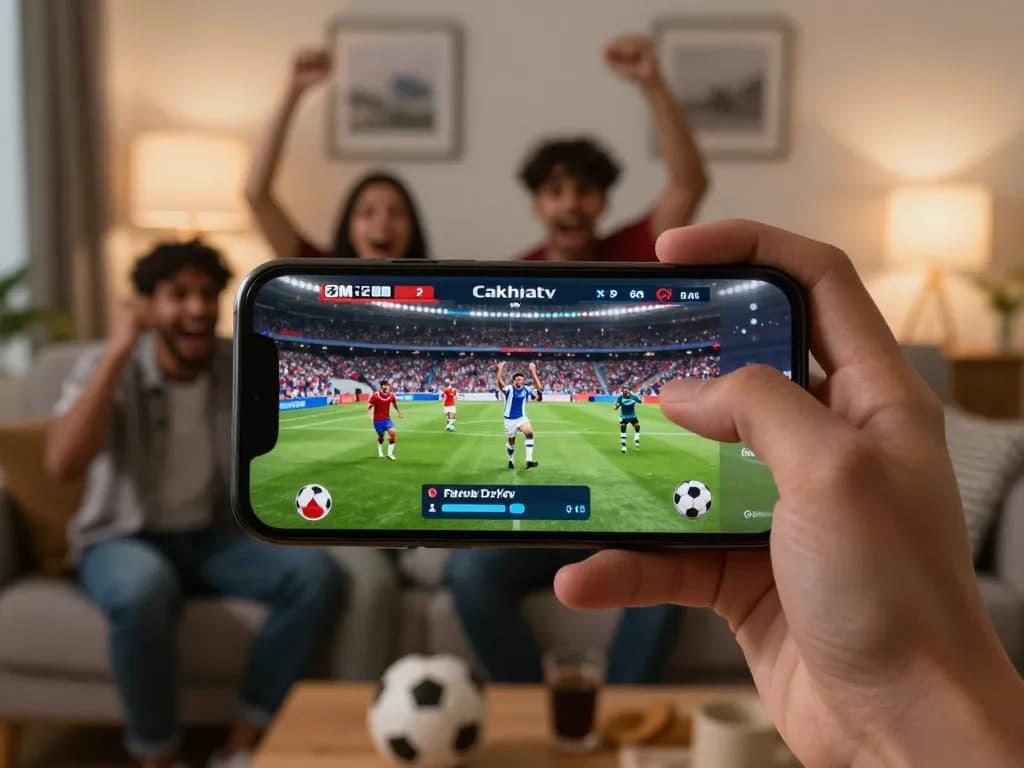 Engaging users in a thrilling football stream Cakhiatv experience on a smartphone during a lively match.