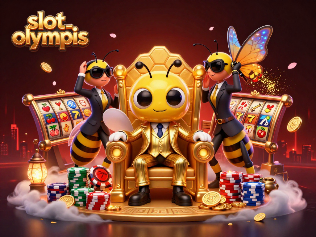 Engage with slot olympus in a colorful casino scene featuring a bumblebee mob boss and vibrant slot reels.