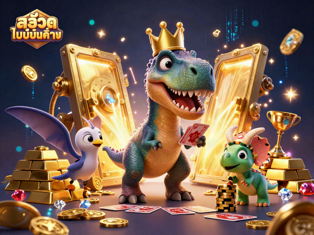Experience สล็อตไม่มีขั้นต่ำ excitement with dinosaurs shuffling cards and stacking chips in a vibrant casino scene.