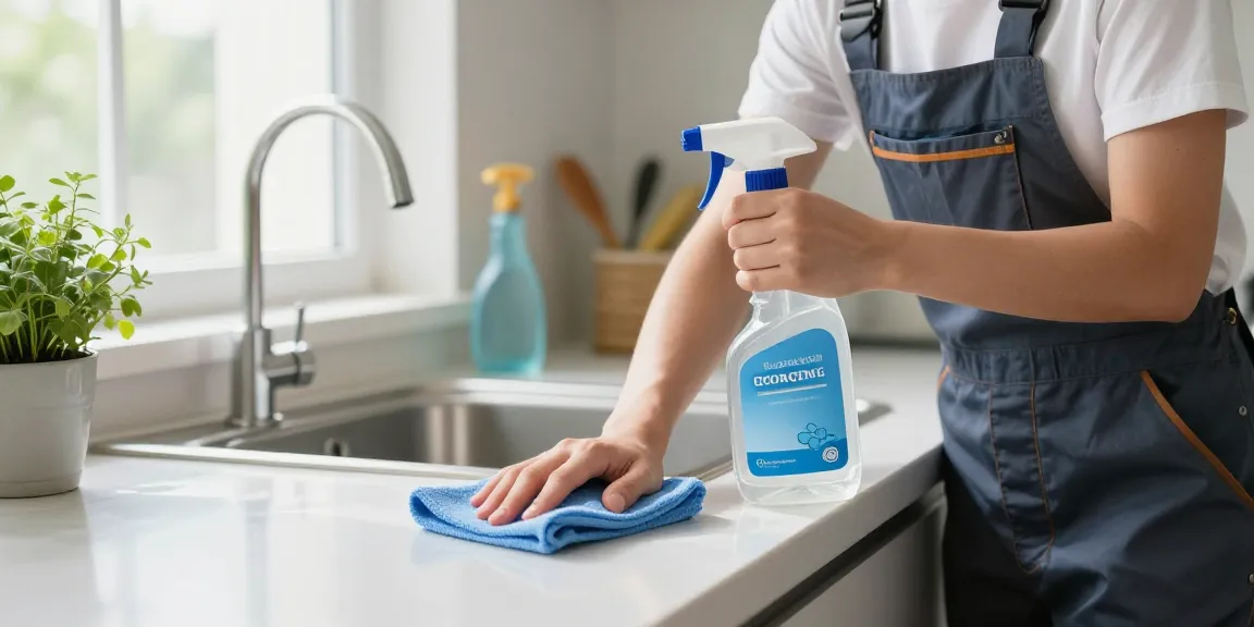 Eco-friendly cleaning in action at https://atscleaning.co.uk/, showcasing meticulous countertop cleaning.