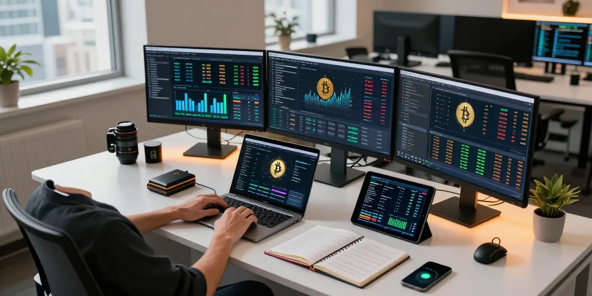 Crypto mining platform in a high-tech workspace with monitors tracking blockchain transactions and DeFi yields.