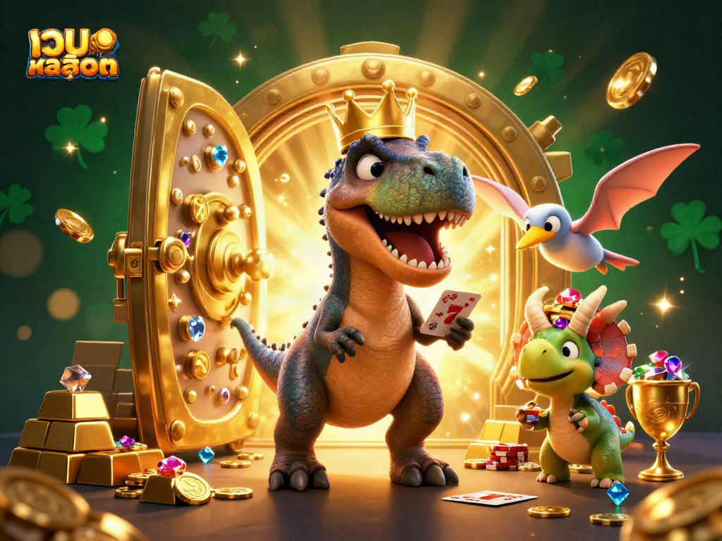 Engage with เว็บสล็อต as a T-Rex deals cards while a pterodactyl assists, all amid vibrant casino treasures.