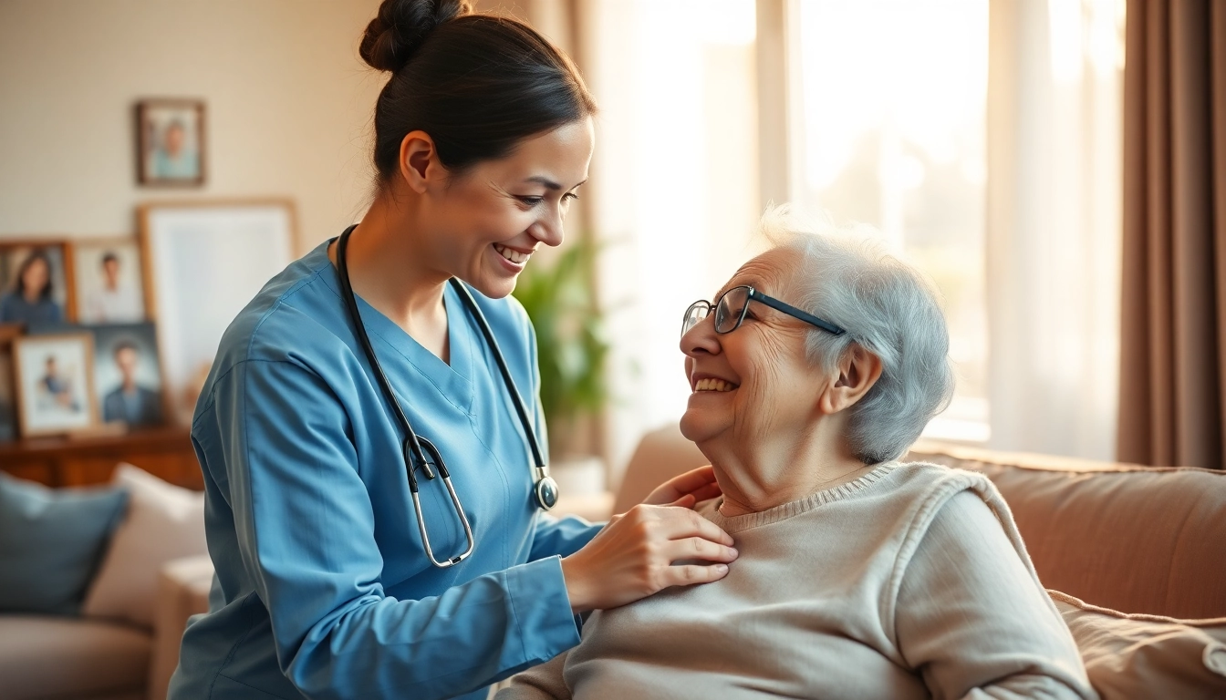 Engaging caregiver providing in home care near me to an elderly client in a warm living room.