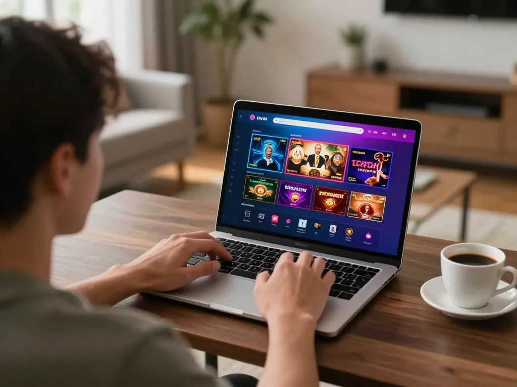 Player enjoying online casino games on a laptop at home while exploring 789win778's exciting options.