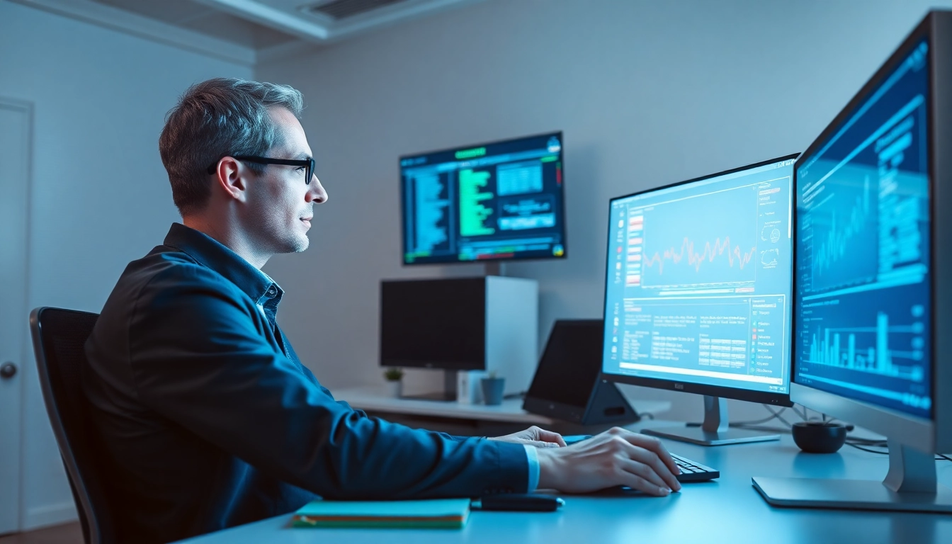 Cyberdan cybersecurity expert working on data analysis in a tech-oriented office environment.