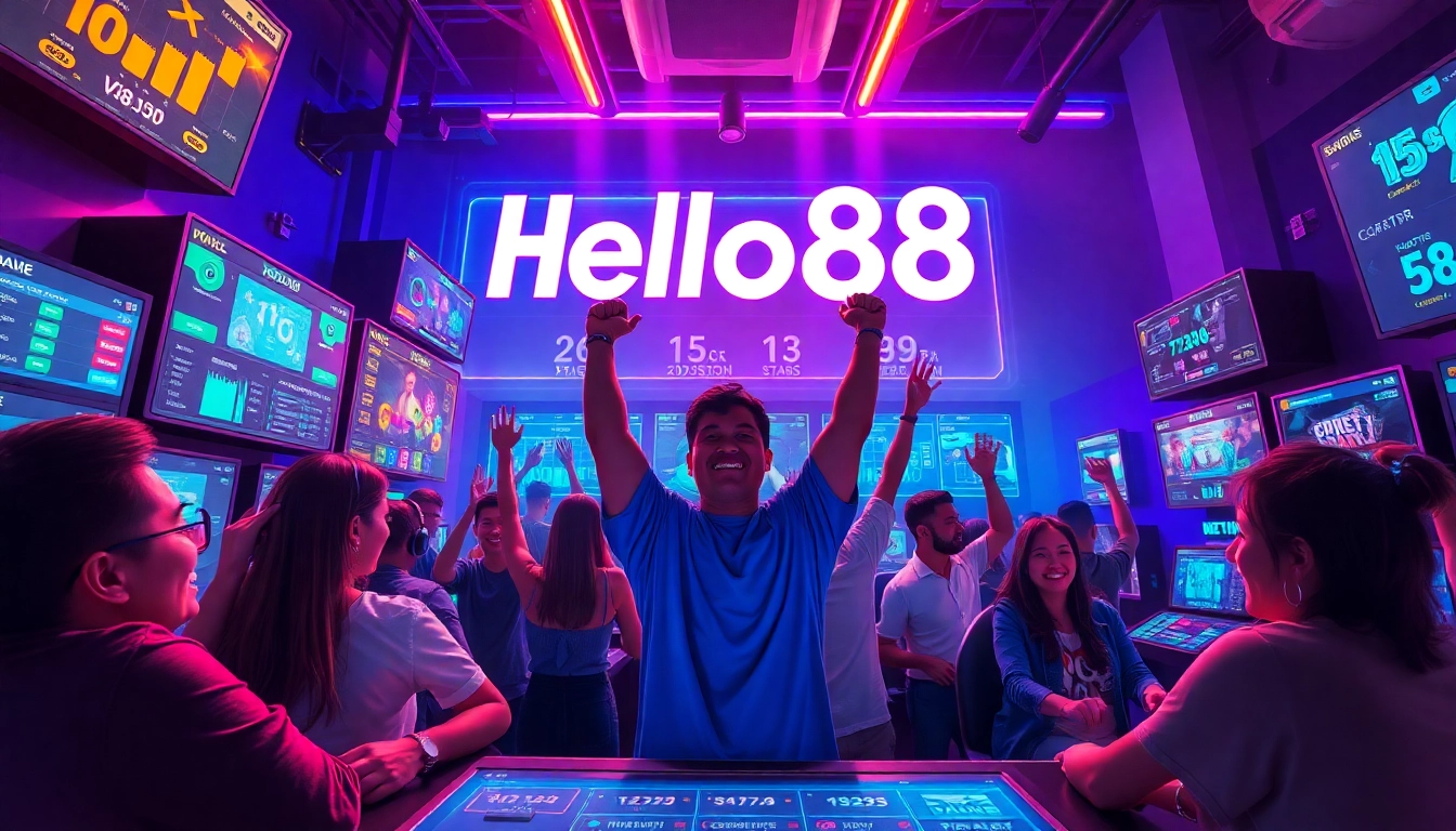Hello88 gaming scene with diverse players celebrating in a vibrant, neon-lit environment.