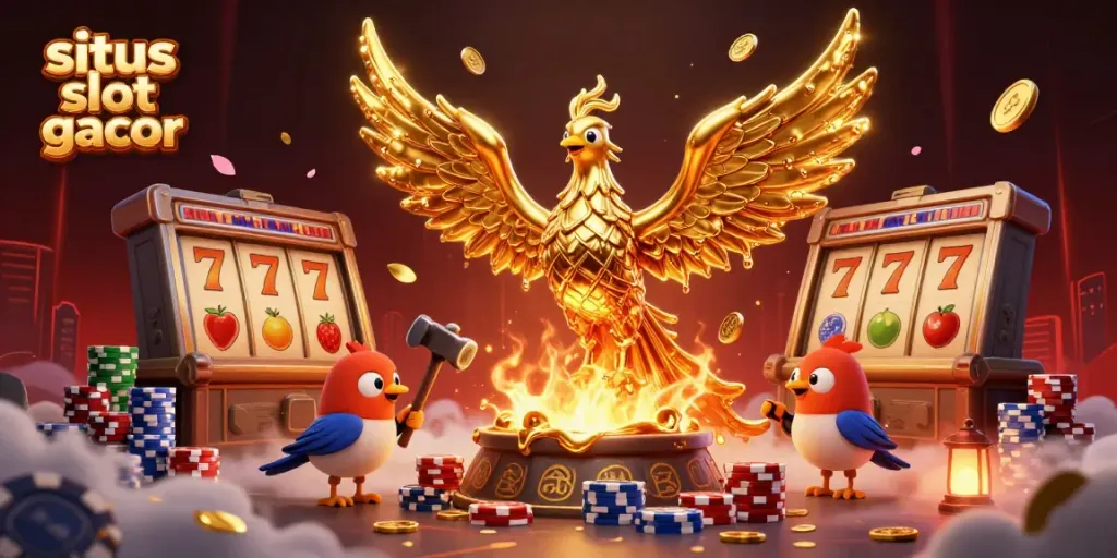 Menangkan permainan di situs slot gacor dengan ilustrasi 3D dari phoenix emas yang dramatis dan elemen slot beruntun.