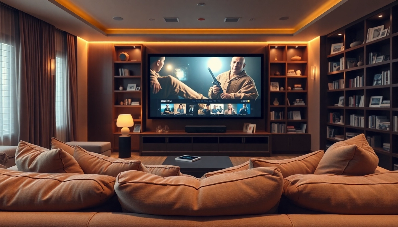 Watch หนังออนไลน์ in a cozy home theater setting with comfortable seating and ambient lighting.