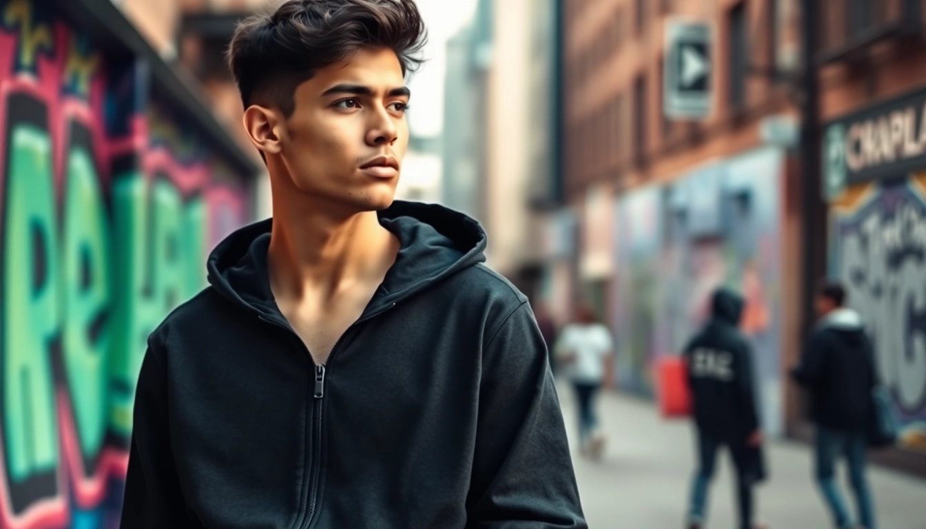 A model showcases a stylish black zip up hoodie in an urban cityscape.