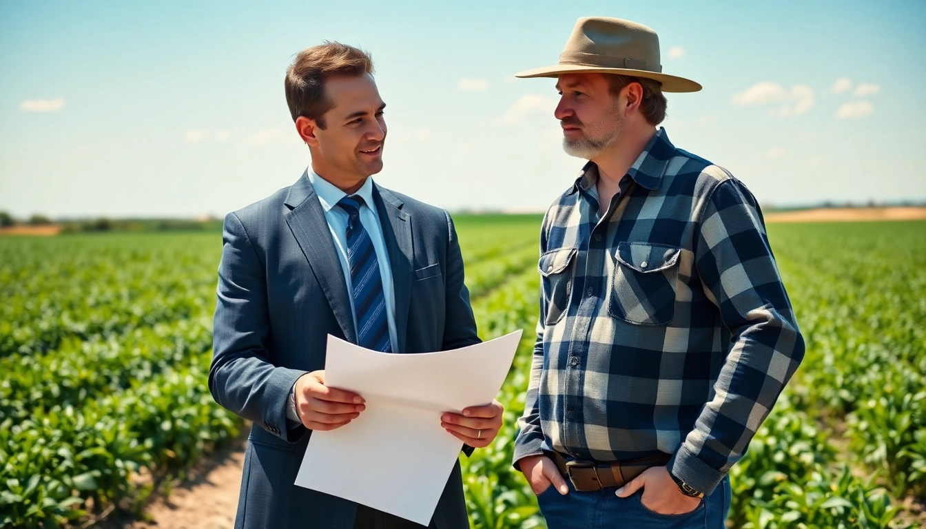 Consultation with an agriculture lawyer assisting a farmer amid green fields.