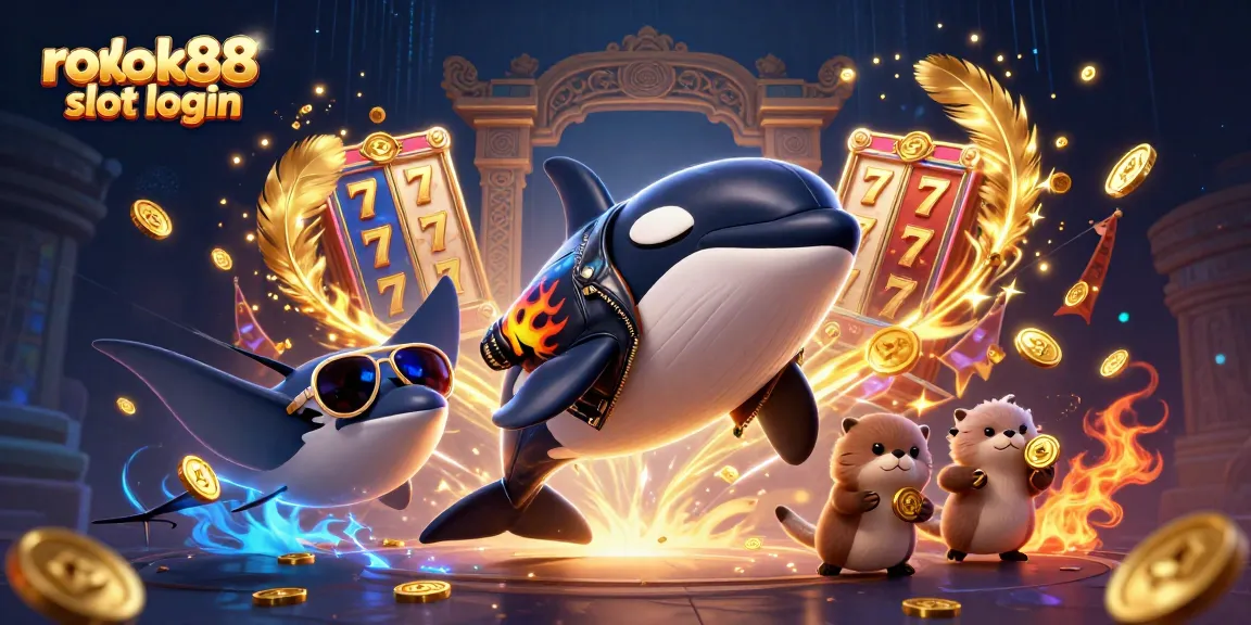 Engage with rokok88 slot login as a vibrant orca and playful characters celebrate with golden coins.