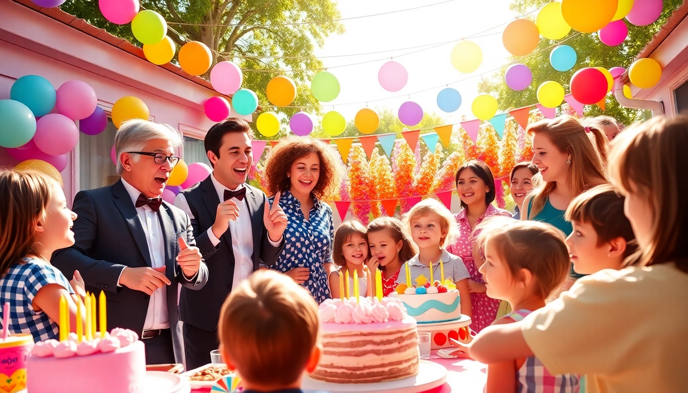 Birthday party entertainers engaging children with fun activities at a colorful outdoor party.