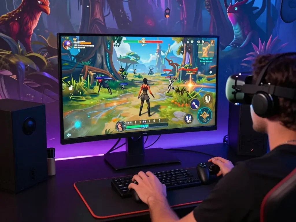 Engaging scene of a player immersed in AI porn games within a fantasy landscape, showcasing rich graphics and interactive elements.
