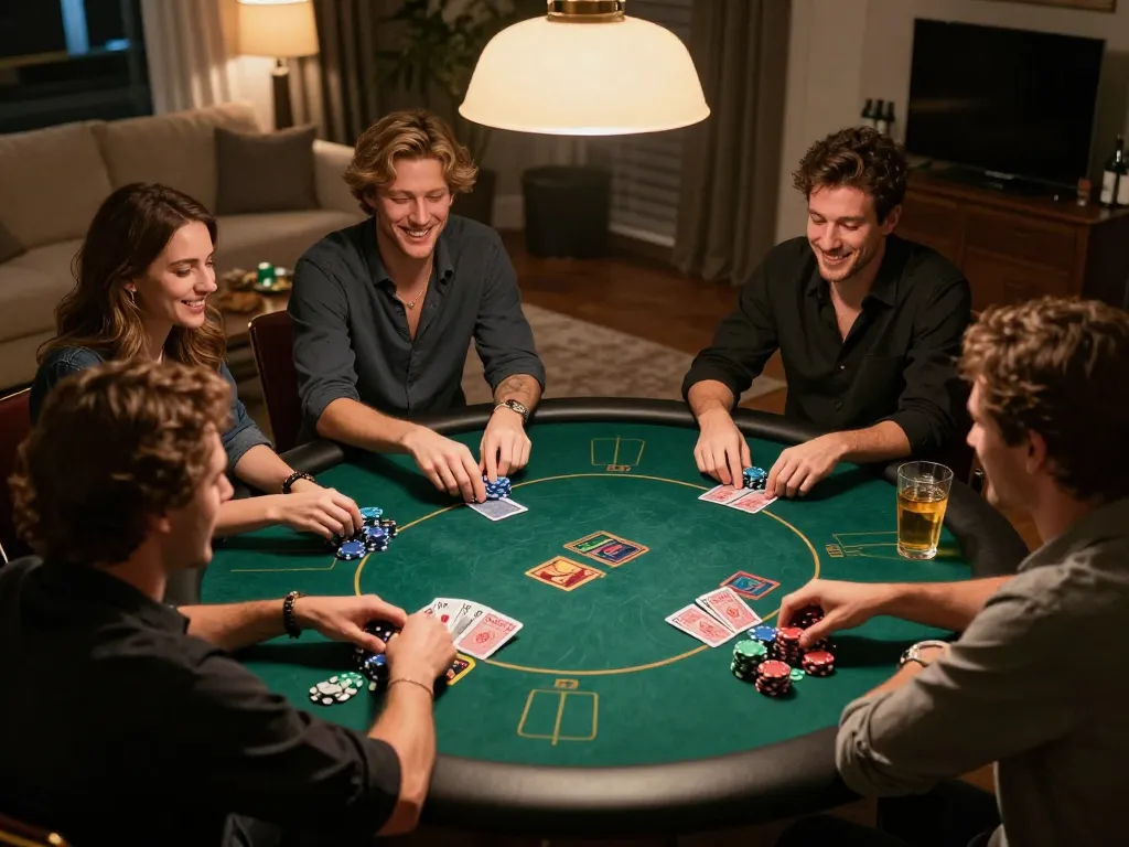 Experience a home poker night buzzing with excitement as friends play Texas Hold'em, showcasing giường bệnh nhân-themed camaraderie.