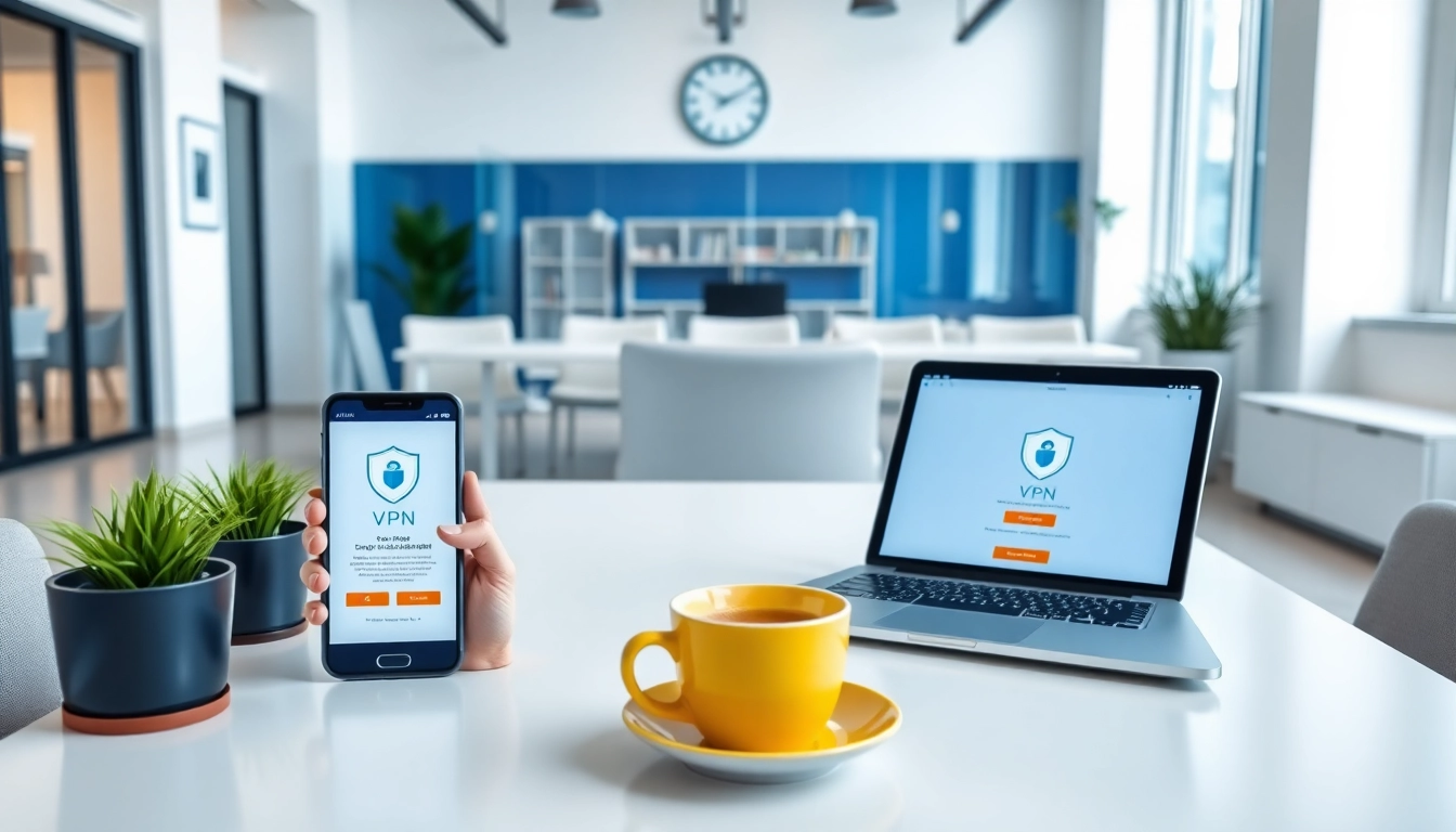 在现代工作区的多台设备上显示的快连 VPN 应用程序。