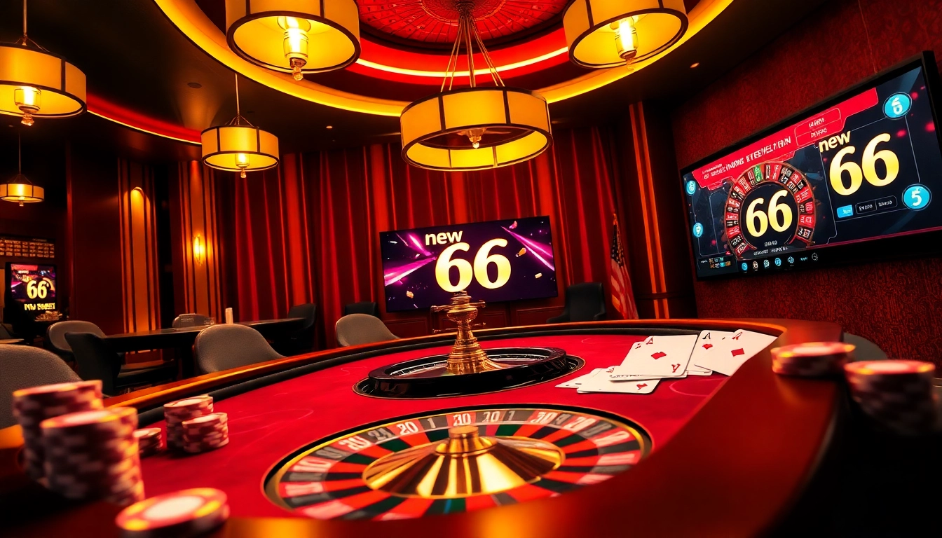 Experience the thrill of new 66 gaming at a luxurious casino table with vibrant poker chips and roulette excitement.