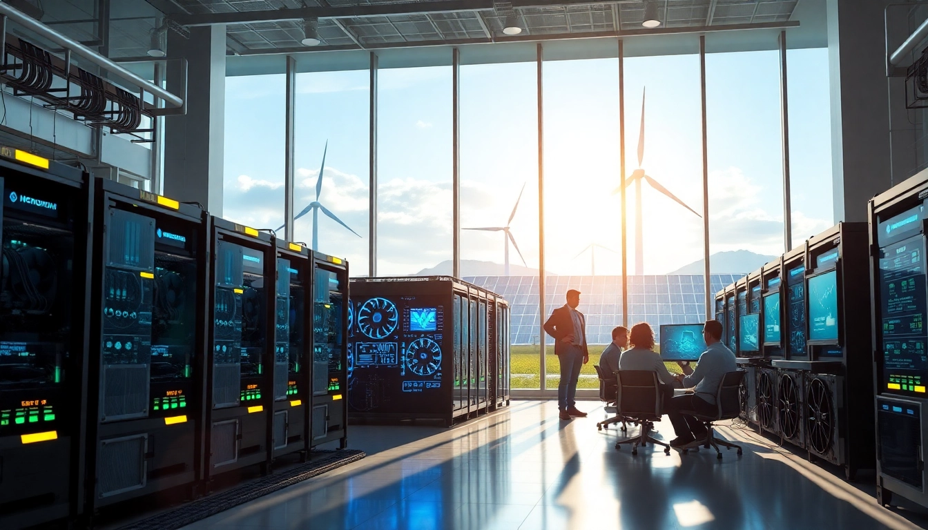 Smart crypto mining app facility utilizing renewable energy with advanced technology.