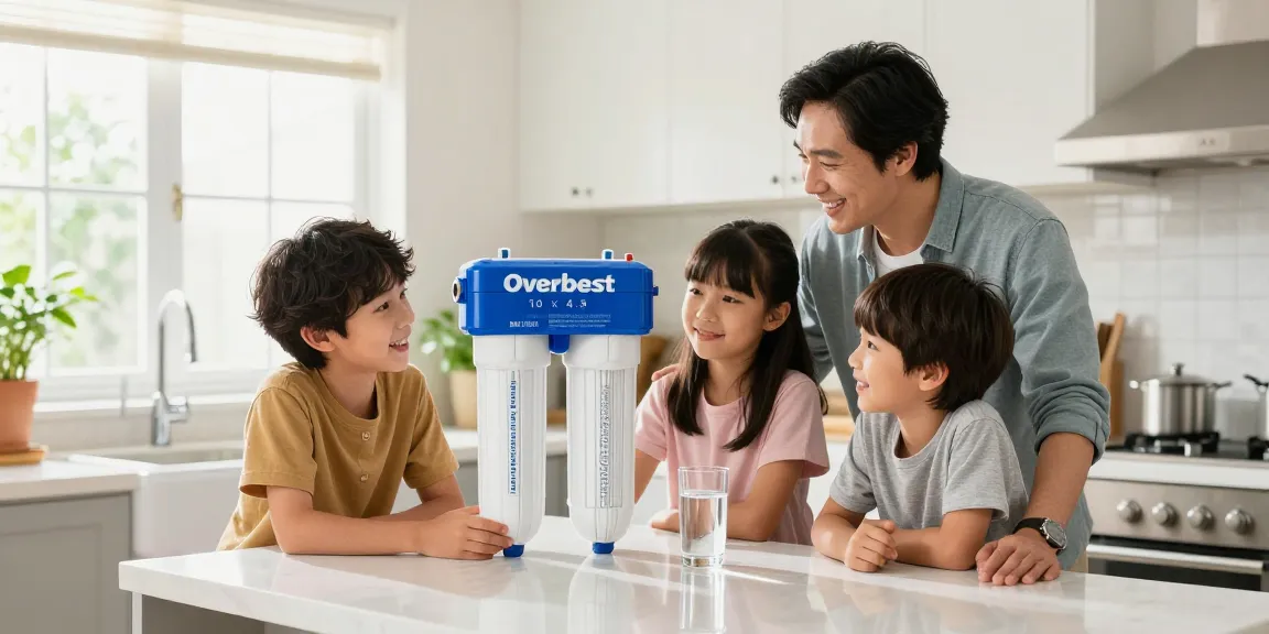 Family discussing the Overbest 10 x 4.5 Whole House Water Filter Replacement for 3M®Aqua-Pure®AP810 in a bright kitchen.
