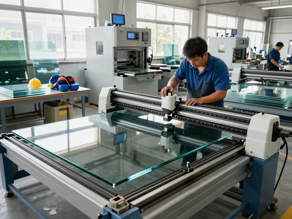 Eworld Machine technician cutting glass sheets in a modern facility