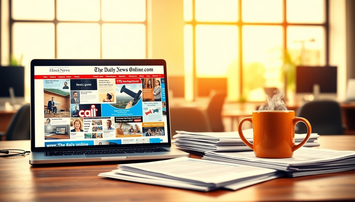 Read news articles on https://www.thedailynewsonline.com with a desk filled with local headlines.