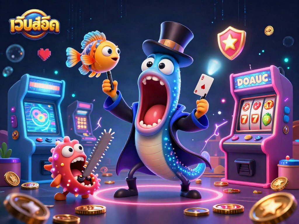 Experience the excitement of เว็บสล็อต with a magical deep-sea eel performing thrilling card tricks amidst vibrant casino elements.