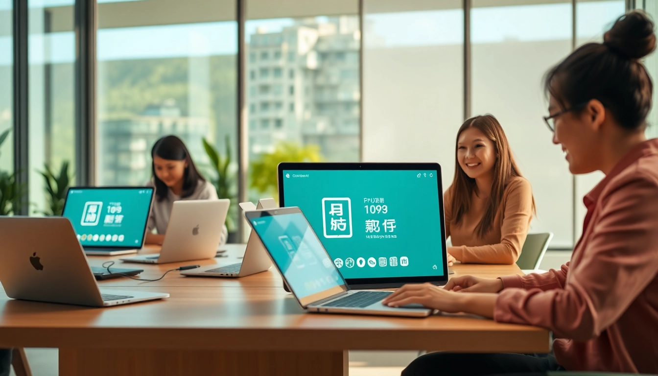 快连官网 interface showcased in a modern workspace with diverse professionals using advanced technology.