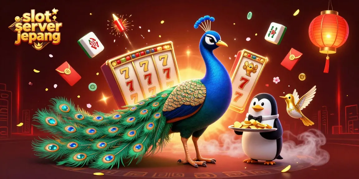 Experience thrilling gameplay with slot server jepang, illustrated by a peacock, butler, and hummingbird amidst vibrant gaming elements.
