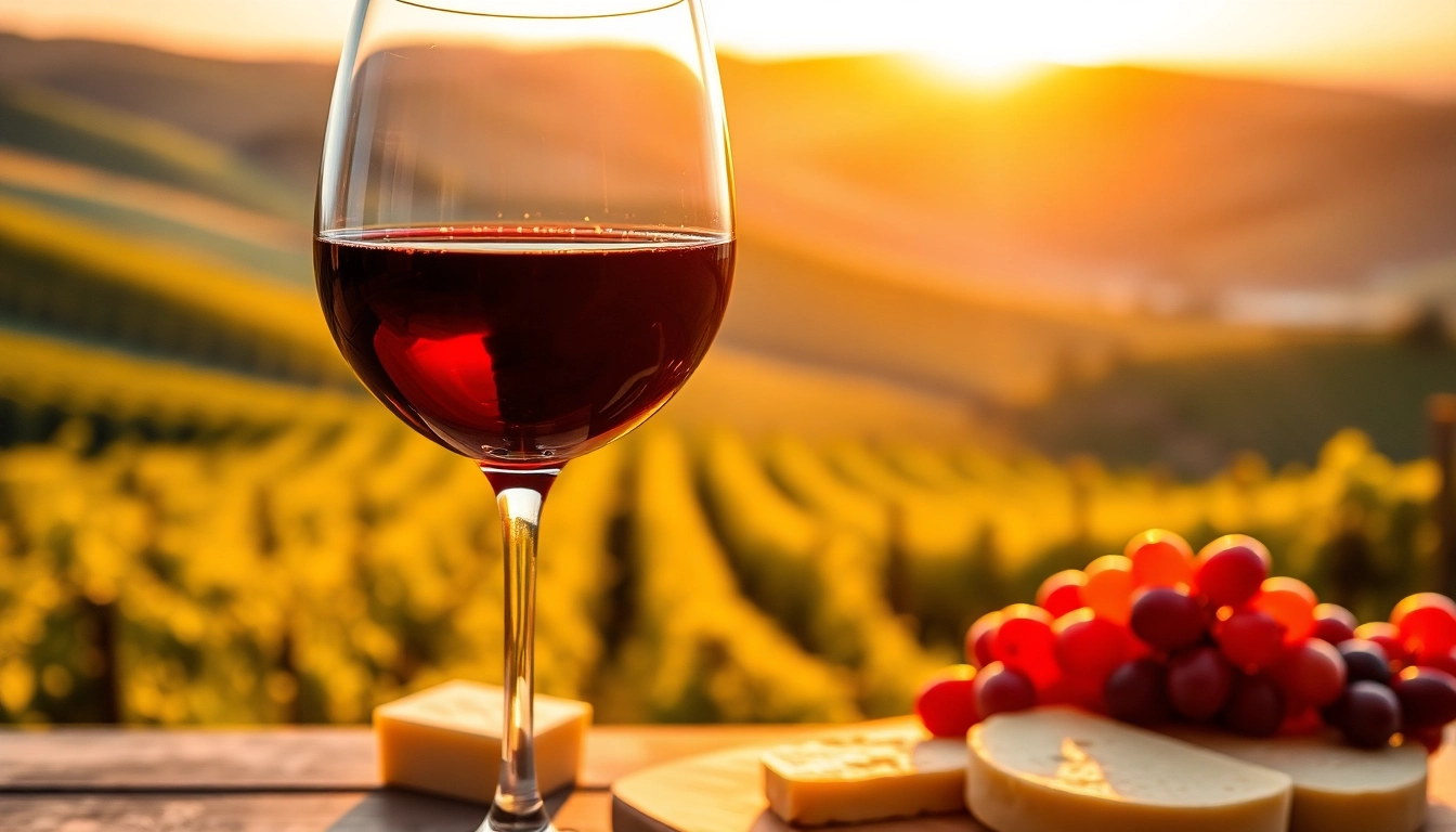 Tempranillo wine showcased in a refined glass against a vineyard backdrop during sunset.