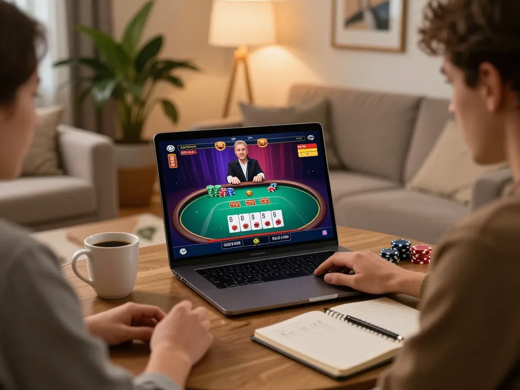 Players enjoying live dealer games at AE888 in a cozy home setting, focusing on betting strategies.