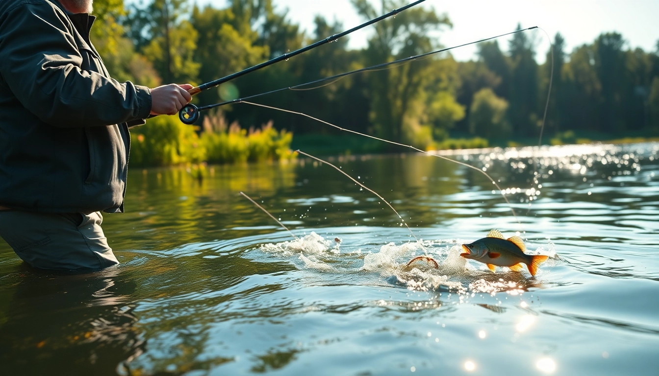 Angler engaged in Fly fishing for bass in a tranquil lake with vibrant greenery