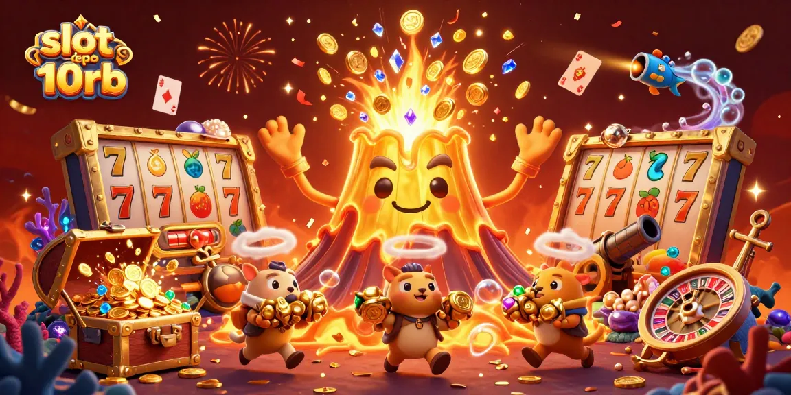 Experience thrilling rewards with slot depo 10rb in a vibrant casino-themed illustration filled with treasure.