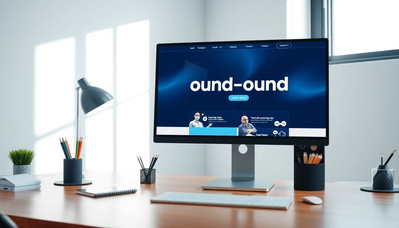 View of a modern workspace featuring the design for https://www.ound-ound.com on a sleek monitor.