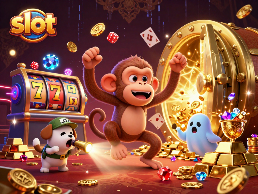 Catch golden slot treasures juggled by a mischievous ghostly monkey in a colorful casino scene.