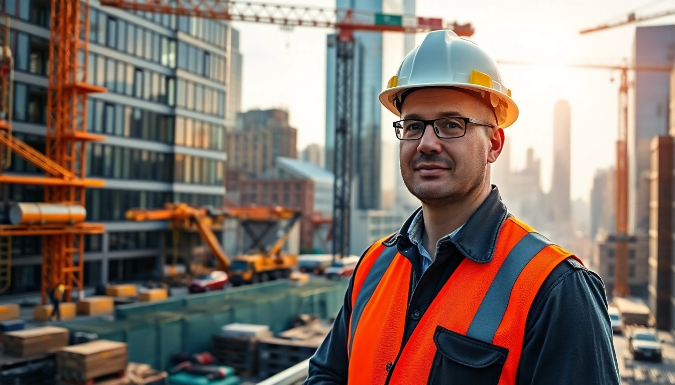 New York City Construction Manager supervising a busy urban site with cranes and workers.