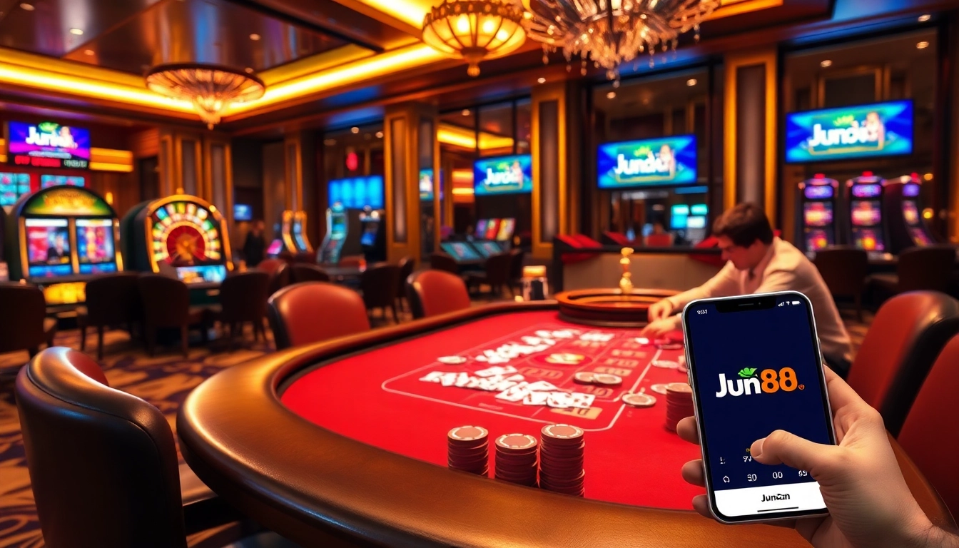 Experience the excitement of high-stakes gaming at jun88.com, with vibrant poker tables and spinning roulette wheels.