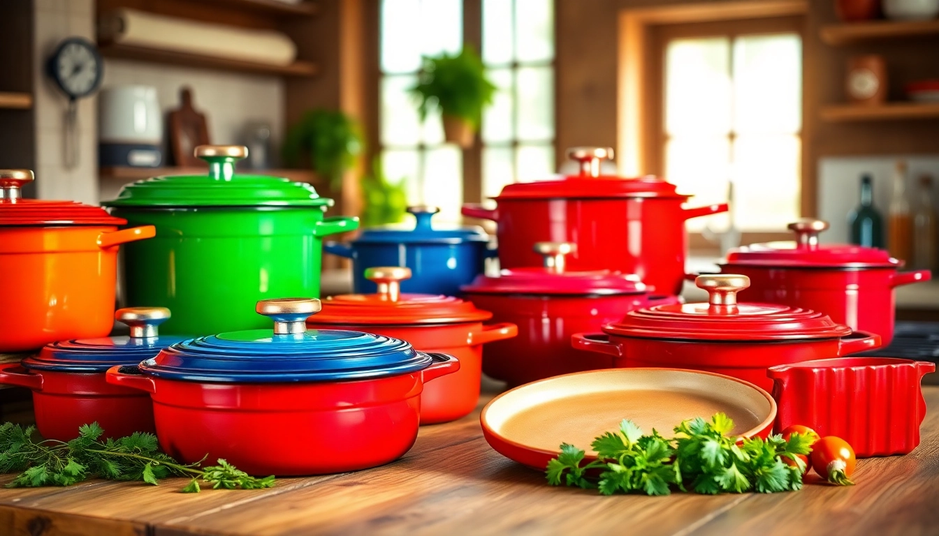 Stunning Le Creuset NZ cookware displayed with fresh ingredients on a wooden counter, highlighting vibrant colors.