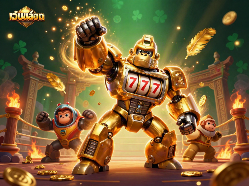Engage with เว็บสล็อต through an exhilarating showdown featuring a golden gorilla mech and slot machines.