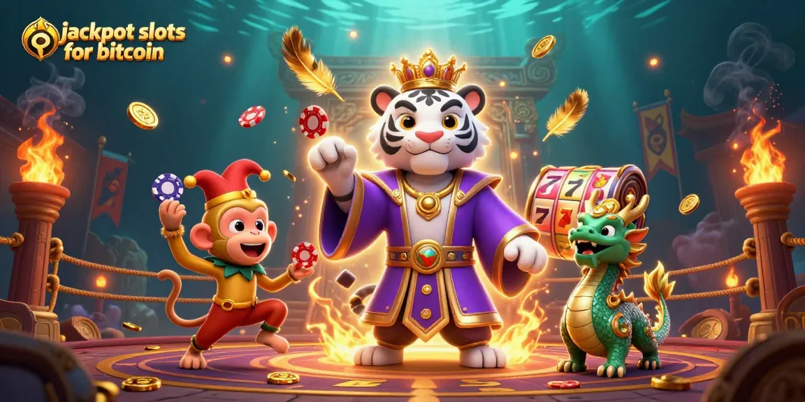Engage with jackpot slots for bitcoin in a vibrant 3D casino scene featuring dynamic characters and rich gaming elements.