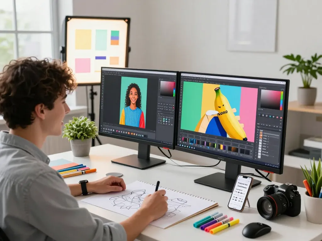 Designer using the Nano Banana AI image editing tool at a vibrant workspace, showcasing creative graphics.