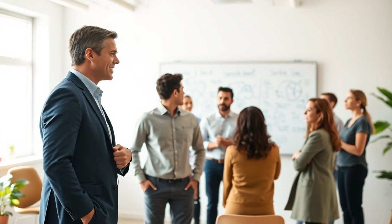 Engaged team participating in a business coaching service session with a professional coach.