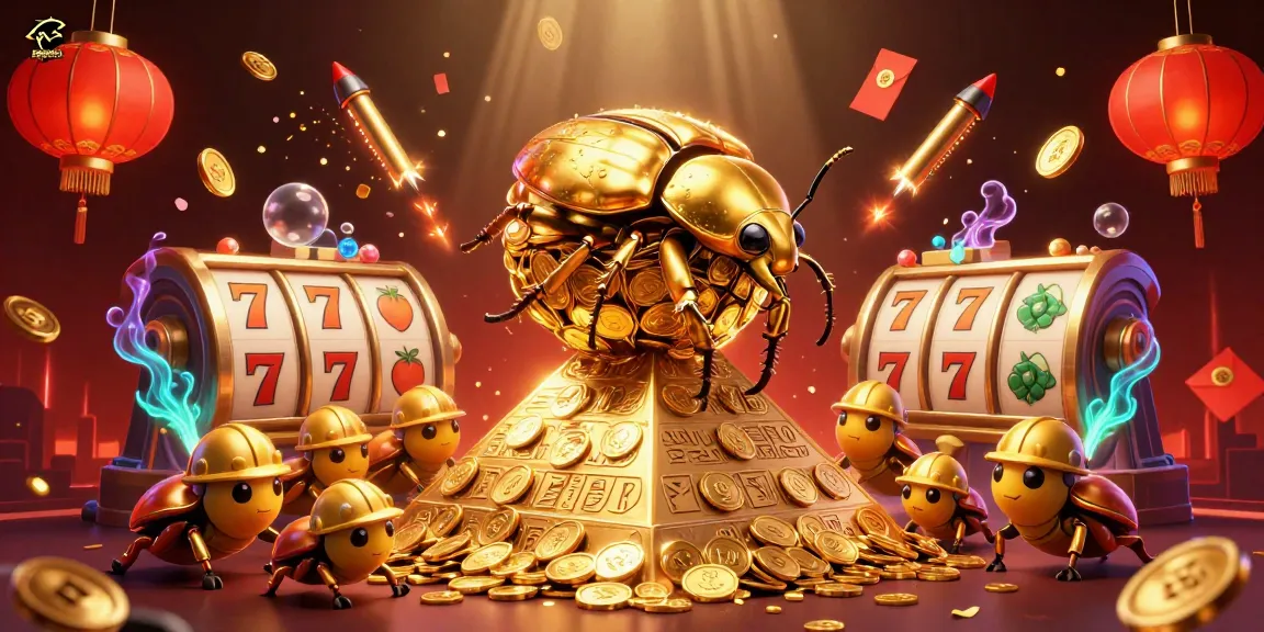 Spaceman-themed 3D illustration showcasing a golden beetle rolling coins with slot reels and festive elements.