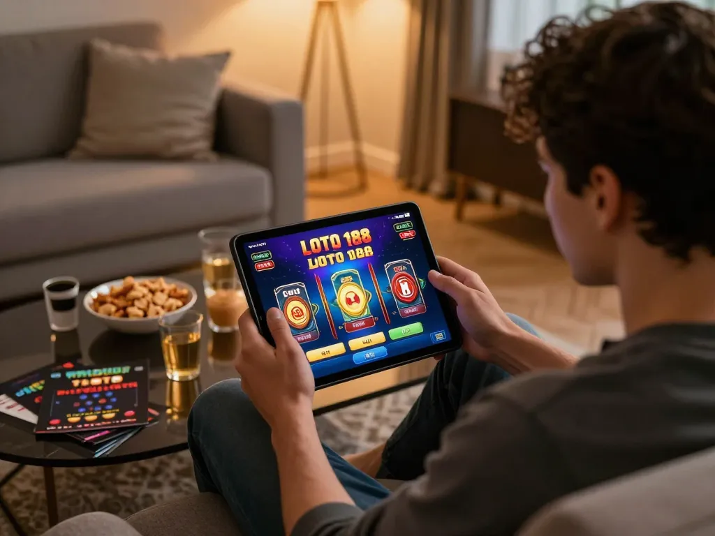 Engaging in online gaming at LOTO 188 on a tablet for an exciting casino experience.